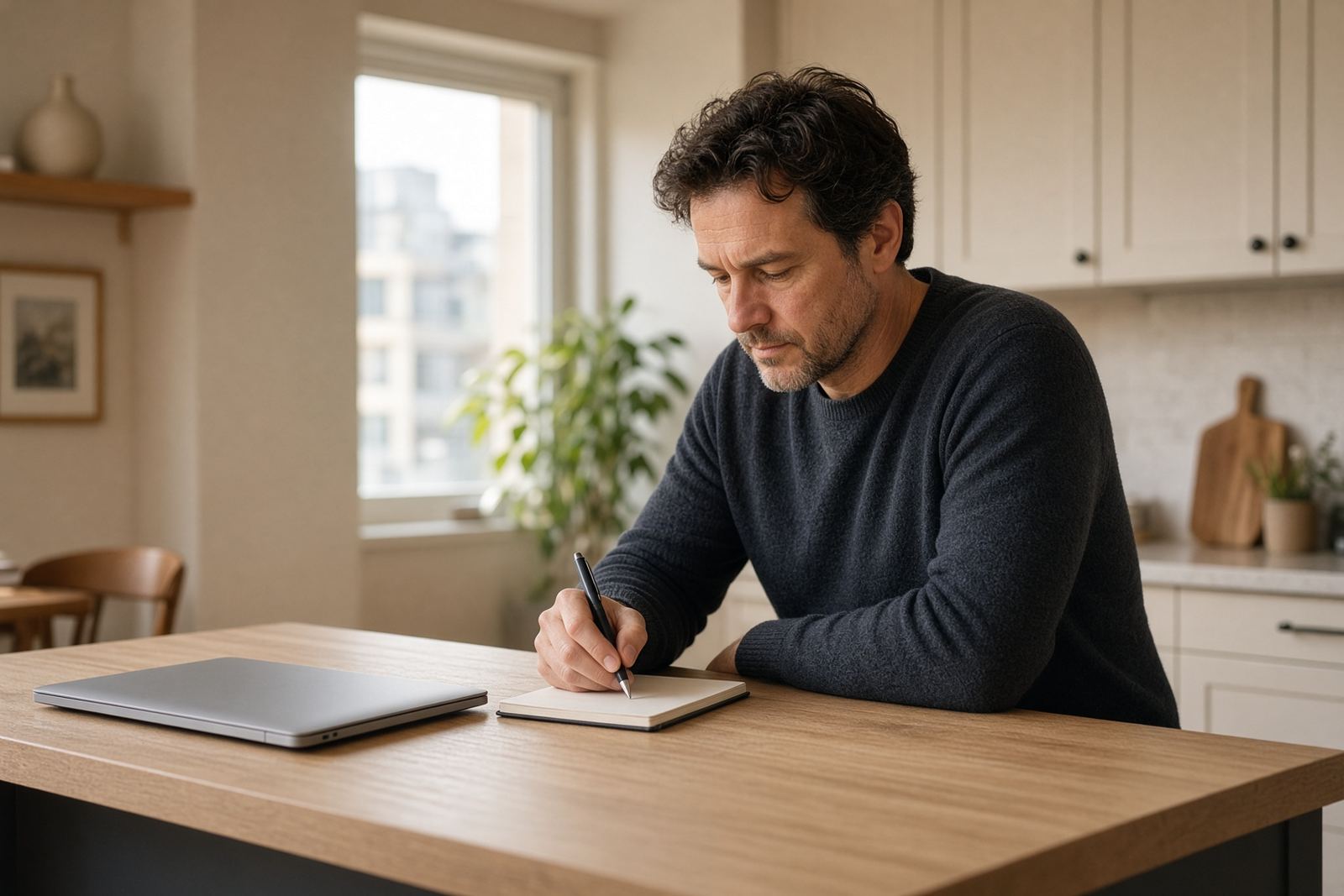 Reviewing household savings at the kitchen island